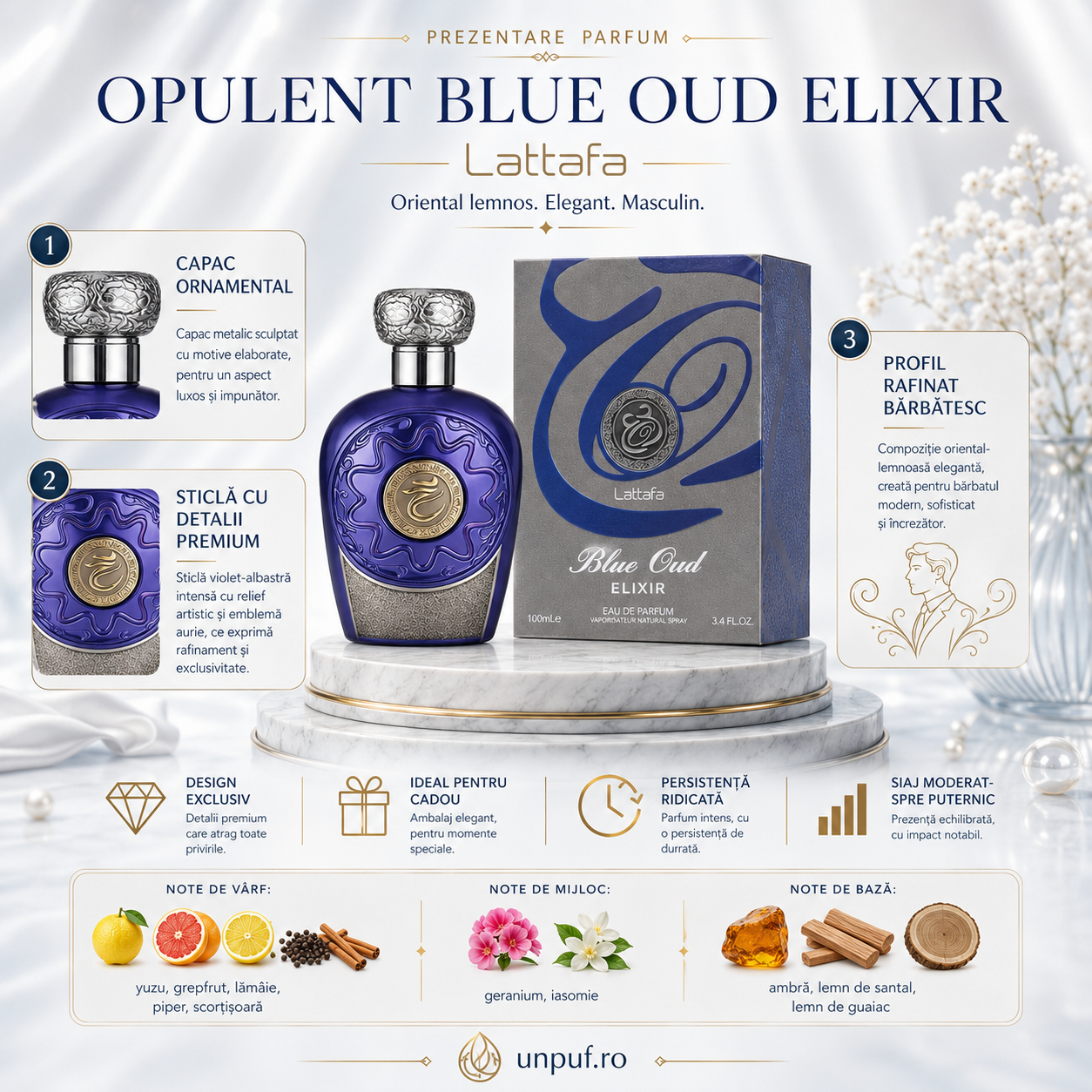 Lattafa Blue Oud Elixir Eau de Parfum bărbați 100 ml prezentare produs